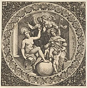 Scene with Misericordia and Veritas in a Circle at Center by Theodor de Bry