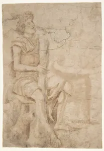 Seated Man Holding a Club or Other Implement (recto); Two Heads of Grotesque Men in Profile (verso)