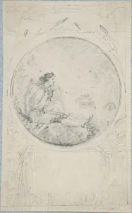 Seated man in circular medallion (design for a book illustration)
