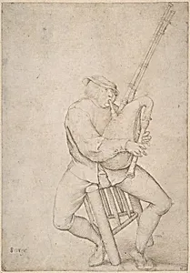 Seated Man, Precariously Balanced, Playing Bagpipes