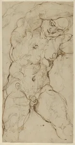 Seated Nude Male Figure (recto); Ornamental Designs of Foliage, a Grotesque Head, and a Leg (verso)