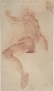 Seated Nude Male in Profile View Facing Left with Arm Raised; Fragment of Study of Right Hand