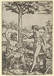 Seated old shepard gesturing towards the sky and speaking to nude male surrounded by tools of measurement by Marcantonio Raimondi|Raphael (Raffaello Sanzio or Santi)