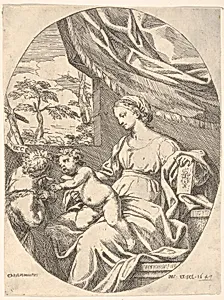 Seated Virgin and Child with Saint John the Baptist, a book rests under the Virgin's proper left hand, the Christ Child reaches toward Saint John, a wall and curtain dividing the figures from landscape beyond by Carlo Maratti
