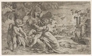 Seated Virgin and Child with Saint John the Baptist and a lamb on a hillside