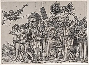 Section A: an angel holding a cross at upper left, Adam and Eve below, from "The Triumph of Christ" by Andrea Andreani|Titian (Tiziano Vecellio)|Callisto Ferranti