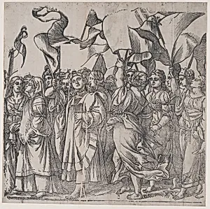 Section C: female martyrs and saints holding banners, from "The Triumph of Christ" by Andrea Andreani|Titian (Tiziano Vecellio)|Callisto Ferranti
