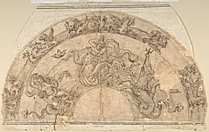 Semi-Circular Design of Battle of Sea Gods with Border of Sea Creatures by Anonymous, Italian, late 16th century|Giovanni Andrea Maglioli