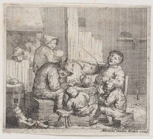 Seven peasant figures in a rustic interior, some of whom play instrument