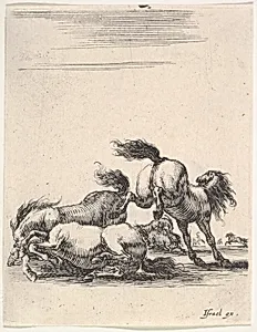 Several horses fighting, one horse to right kicking two horses on the ground below to left, other horses fighting in the background, from 'Various cavalry exercises' (Diverses exercices de cavalerie) by Stefano della Bella|Israël Henriet