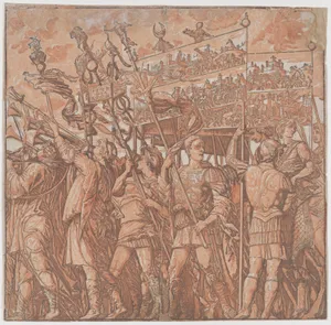 Sheet 1: Roman soldiers carrying banners depicting the triumphant victories of Julius Caesar, from "The Triumph of Julius Caesar"