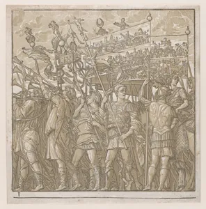 Sheet 1: Soldiers carrying banners depicting Julius Caesar's triumphant military exploits, from "The Triumph of Julius Caesar"