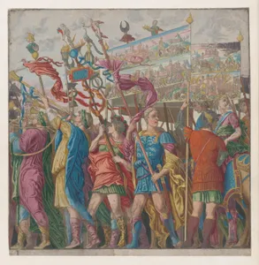 Sheet 1: Soldiers carrying banners depicting Julius Caesar's triumphant military exploits, from "The Triumph of Julius Caesar"