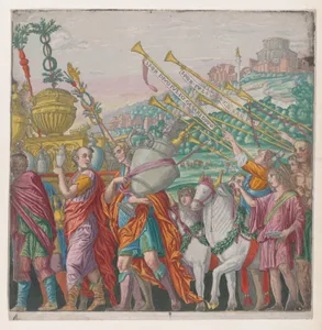 Sheet 4: Men carrying trophies at left, trumpeters at right, from "The Triumph of Julius Caesar"
