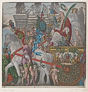 Sheet 9: Julius Caesar in his horse-drawn chariot, from "The Triumph of Julius Caesar" by Andrea Andreani|Andrea Mantegna|Bernardo Malpizzi