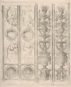 Sheet of border segments: two candelabra and two horizontal pieces with putti, two corners, from Life of the Virgin and Christ