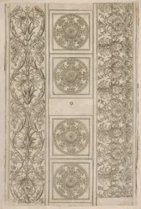 Sheet of border segments: vertical floral ornament, horizontal frieze, four corners