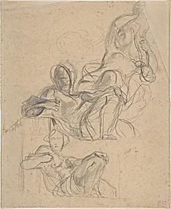 Sheet of figure studies: two studies of a reclining figure, and a seated figure holding a lyre (?). by Eugène Delacroix