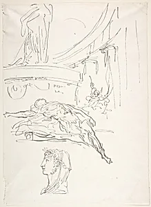 Sheet of Studies, Including a Roman Head, a Male Figure on a Pyre, and a Colonnade. by Luis Paret y Alcazar