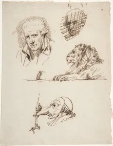 Sheet of Studies: Three Male Heads, a Lion and a Mouse