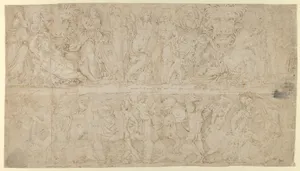 Sheet with Drawings after Roman relief decorations from objects in the Collection of Cardinal Bruto della Valle. Recto: Friezes from Roman Sarcophagi with Dyonisus; Marble Funerary Relief of Lucius Antistius Sarculo and his wife Antistia Plutia