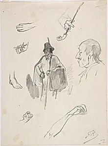 Sheet with figures, details of hands and feet