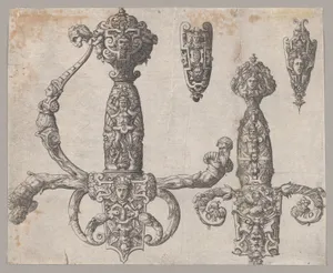 Sheet with Four Designs for Relief Decorations on Arms: Two Large Hilts for a Sword and a Dagger, and the Ornaments for the Tips of the Sheaths