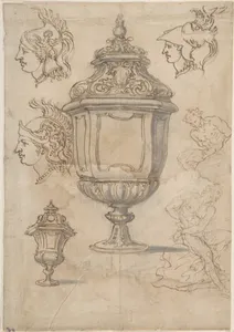 Sheet with sketches and designs for two vases, three classical heads en profil and two slave figures (recto); Design for a Vase and a Nude Male Figure (verso)