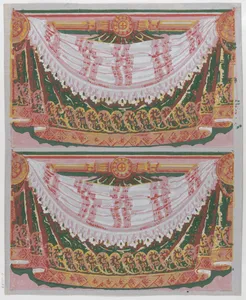 Sheet with two borders with a curved drapery against a curtain