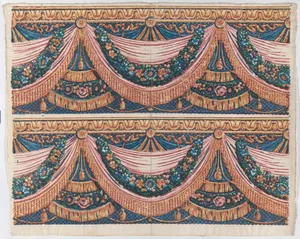 Sheet with two borders with draped curtains and floral garlands