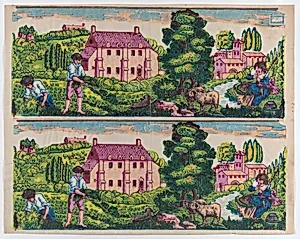 Sheet with two borders with pastoral landscapes