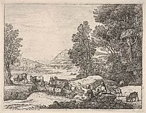 Shepherd and shepherdess conversing in a landscape, with a bridge in the background by Claude Lorrain (Claude Gellée)