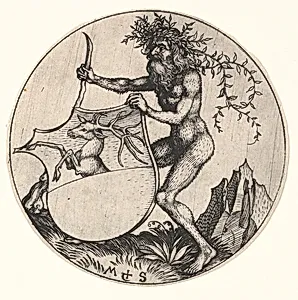 Shield with Stag Held by Wild Man