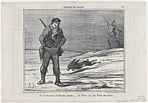 Si le chassuer a froid aux mains..... le lièvre n'a pas froid aux pieds..., from Émotions de Chasse, published in Le Charivari, November 12, 1858 by Aaron Martinet|Honoré Daumier|Destouches