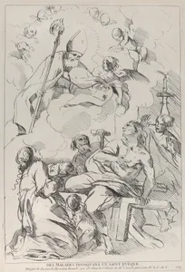 Sick people summoning a Bishop saint, who appears at upper left