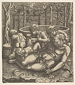Silenus reclining before wine vats, he grasps a grapevine and is surrounded by four nude children by Hans Liefrinck|Philippe de Soye