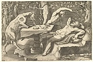 Silenus sleeping at right, taunted by a Satyr, and a Goat climbing on a table at left by Giorgio Ghisi|Giulio Romano