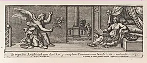 Simon Magus attempting to fly as Saints Peter and Paul, Emperor Nero, and two soldiers look on, from a series of 15 plates, depicting Raphael's works for the Vatican stanze and the Sistine Chapel tapestries by Pietro Santi Bartoli|Raphael (Raffaello Sanzio or Santi)|Giovanni Giacomo De Rossi