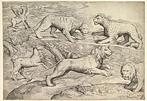 Six Animals, including lions, a tiger, a leopard, a griffin, and a goat by Battista Franco