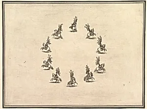 Six riders forming a circle, from "La gara delle Stagioni" by Stefano della Bella