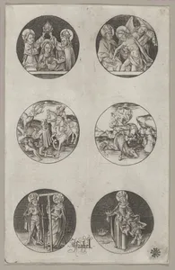 Six Roundel Patterns for a Goldsmith: the Coronation of the Virgin, God the Father with the Body of Christ, St. Eustace or St. Hubert, the Conversion of St. Paul, Charlemagne and St. Helen, and St. Elizabeth
