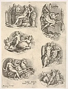 Six subjects after antique cameos: female figures tending to a seated male figure; putti and dolphins; female figure holding the reins of a pair of rearing horses; intertwined naked figures flanked by music-playing satyrs; triton with shield-bearing female figure; naked male figure seated on goat-headed sea creature by Battista Franco