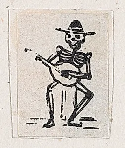 Skeleton playing the guitar, from a broaside entitled 'De este famoso hipodromo en la pista, no faltara ni un solo periodista', published by Antonio Vanegas Arroyo. by José Guadalupe Posada