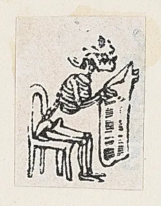 Skeleton sitting on a chair and reading a newspaper, from a broaside entitled 'De este famoso hipodromo en la pista, no faltara ni un solo periodista', published by Antonio Vanegas Arroyo. by José Guadalupe Posada