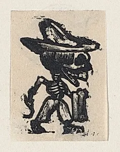 Skeleton wearing a hat and carrying a towel by José Guadalupe Posada