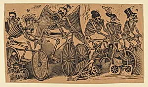Skeletons (calaveras) riding bicycles by José Guadalupe Posada