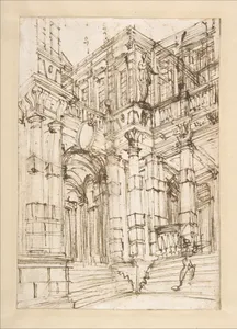 Sketch for a Stage Set: Foreshortened View of a Palace with a Figure on the Stairs.