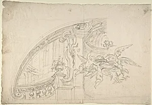Sketch for the Rear Arched Area of a Chapel, with an Angel and Three Putti Holding Up a Plate with the Head of the Baptist by Anonymous, Italian, Piedmontese, 18th century