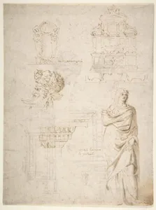 Sketches of a Funeral Monument, a Niche with Statues, a Helmet in the Shape of a Human Head, an Entablature and a Female Statue