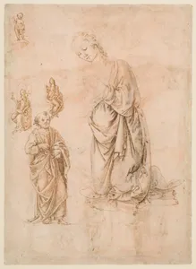 Sketches of Figures of the Virgin Kneeling, Saint Peter Standing, Seated Allegorical Figures of Faith and Charity, and Child Standing on a Corbel (?) (recto); Sketches of Figures of Saint Sebastian Standing and the Virgin and Child with Angels (verso)